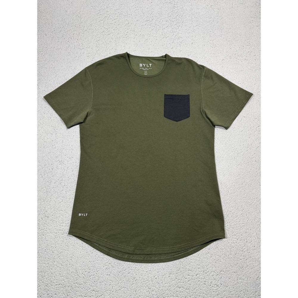 BYLT Drop Cut LUX Pocket Shirt Mens Large Green Curved Hem Tagless Tee